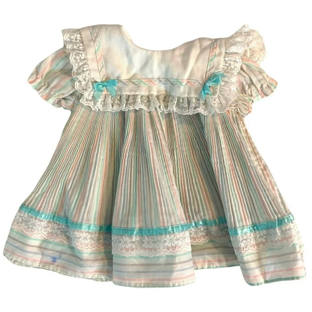 Vintage 80s Baby Girl 12 Month‎ Party Bib Dress Striped Easter Pastel Bows Lace